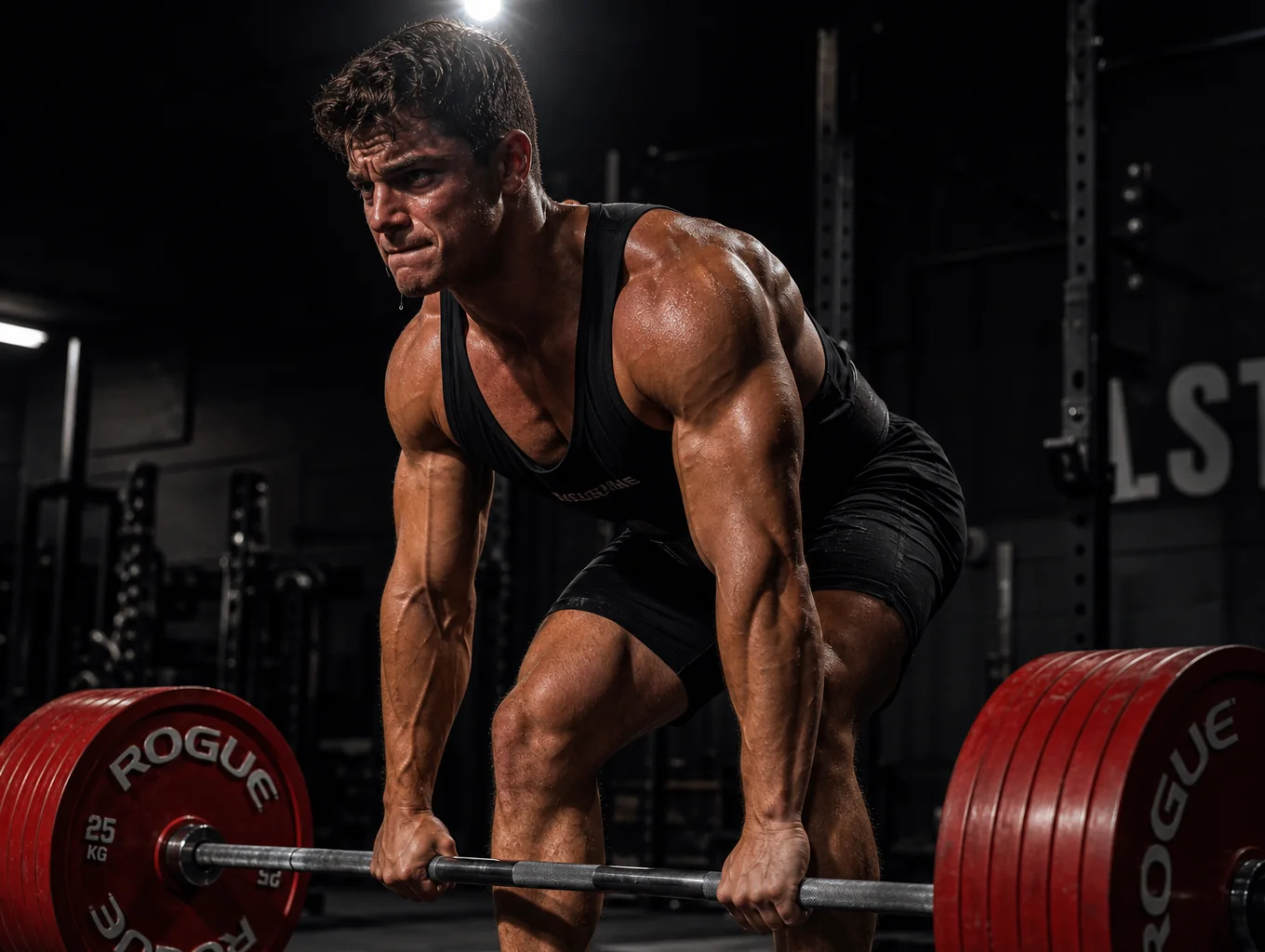 Coach training with heavy barbell in gym
